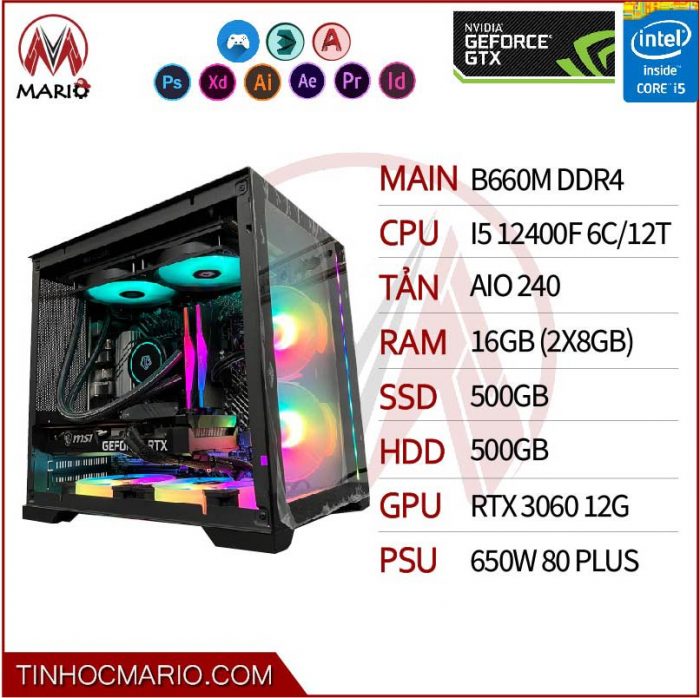 tinhocmario Bộ PC i5 12400F, MAIN B660M, RAM 16GB 3200, VGA RTX 3060 12G, SSD 500G, 650W 80 plus