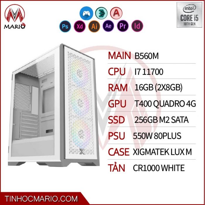 tinhocmario Bộ PC (i7 11700, RAM 16GB, VGA T600 Quadro, SSD 256GB, 550W, Xigmatek Lux M)