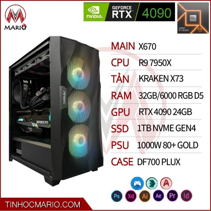 tinhocmario Bộ PC AMD Ryzen 9 7950X (MAIN X670 D5, RAM 32GB 6000 D5, VGA RTX4090 24G, SSD 1TB NVME GEN4, 1000W) 1