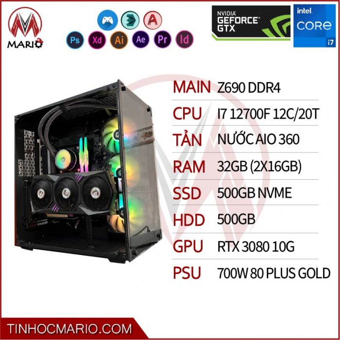 tinhocmario Bộ PC i7 12700F (MAIN Z690, RAM 32GB, VGA RTX3080 10G, SSD 500G NVME, 700W)