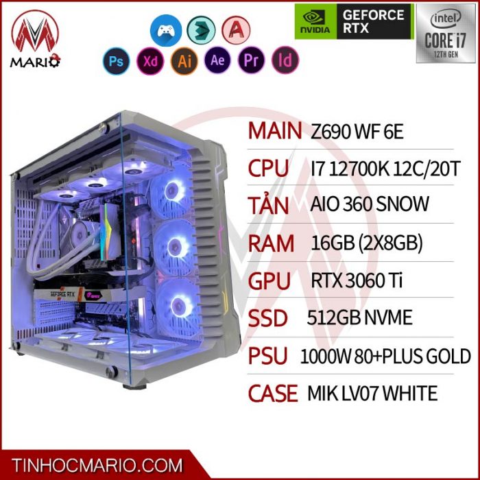 tinhocmario Bộ PC i7-12700K (MAIN Z690 WF, RAM 16GB 3200, VGA RTX3060Ti, SSD 512G NVME, 1000W)