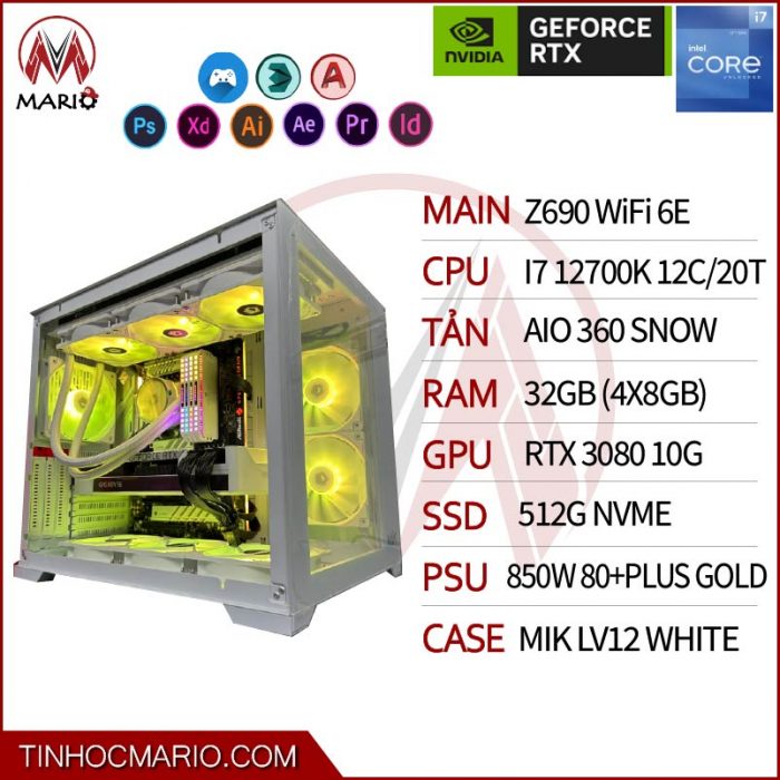 tinhocmario Bộ PC i7-12700K (MAIN Z690 WF, RAM 32GB 3200, VGA RTX3080 10G, SSD 512G NVME, 850W) - FULL WHITE