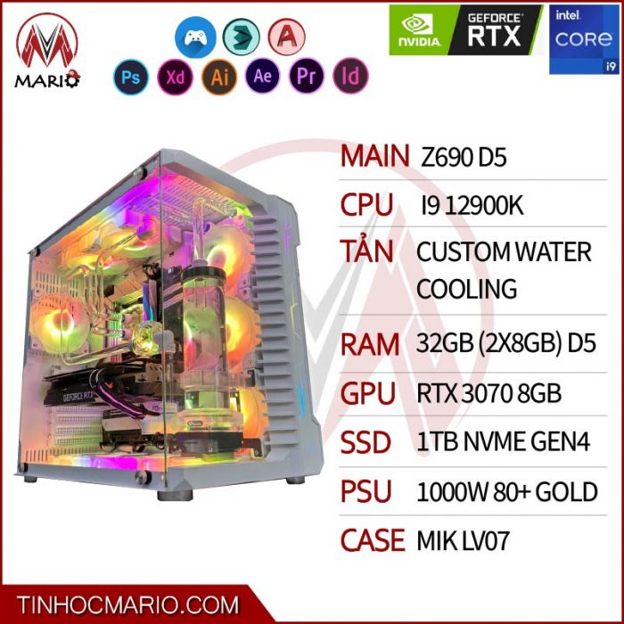 tinhocmario Bộ PC i9 12900K (MAIN Z690 D5, RAM 32GB D5, VGA RTX3070 8G, SSD 1TB NVME GEN4, 1000W) - custom water cooling