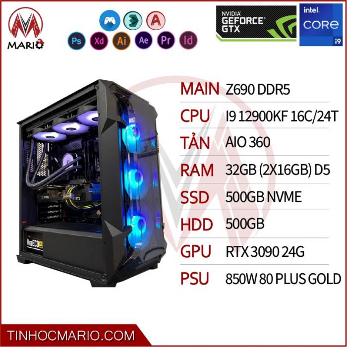 tinhocmario Bộ PC i9 12900KF MAIN Z690 D5, RAM 32GB 5200 D5, VGA RTX3090 24G, SSD 500G NVME, 850W