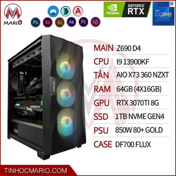 tinhocmario Bộ PC i9 13900KF (MAIN Z690 D4, RAM 64GB 3200, VGA RTX3070 Ti 8G, SSD 1TB NVME GEN4, 850W)